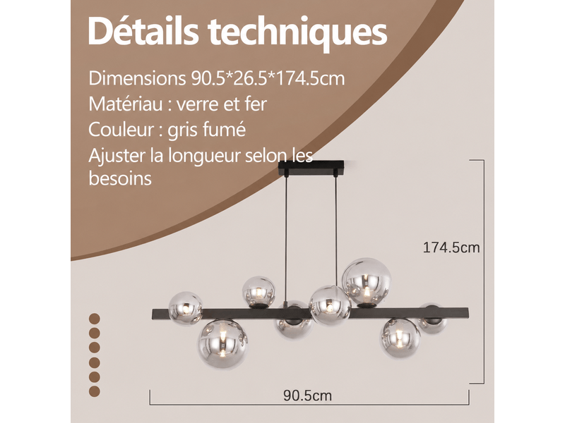 Zmh suspension salle à 8 flammes g9 boule de verre rétro 174 cm lampe à suspendre pour cuisine  - Conforama D