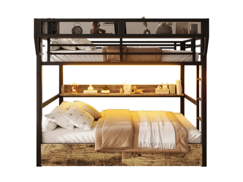  Lit mezzanine 140x200 cm noir en métal, 2 tiroirs, étagère, panier de rangement et éclairage led, sans matelas  - Conforama A