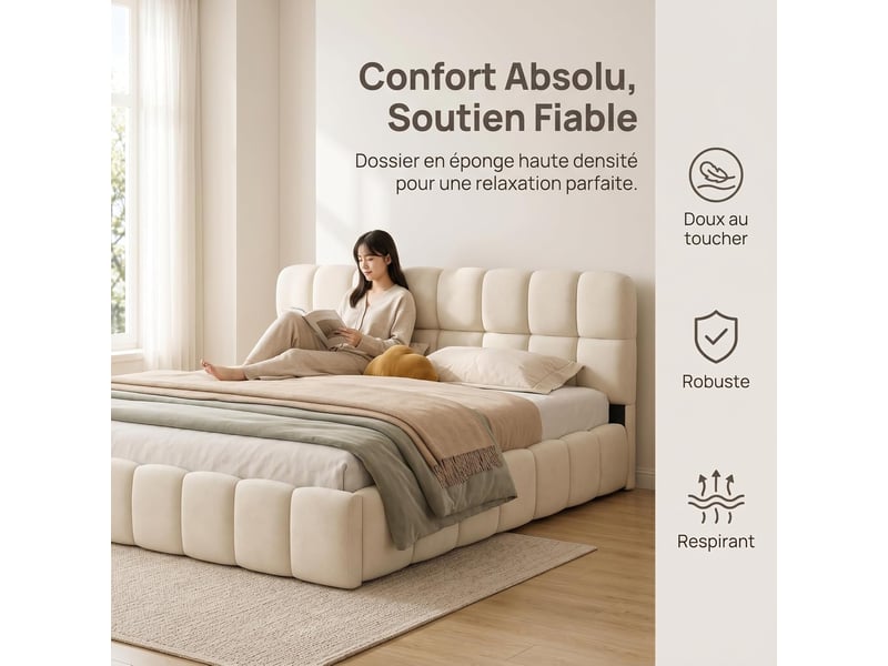  Lit 2 places 140x190 cm tissu lin coloris beige  - Conforama D