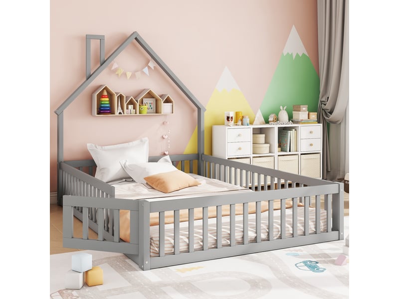  Lit enfant 140 × 200 cm 2 places avec barrières de sécurité, sans matelas, en pin et mdf, gris  - Conforama C