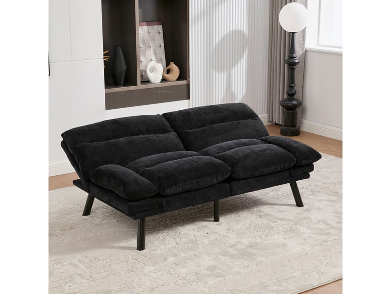  Canapé 2 places 165x90x76 cm dossier réglable accoudoirs ajustables mousse résiliente revêtement chenille noir  - Conforama W
