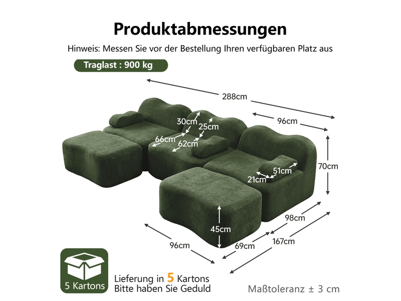 Canapé modulable en u ulevr 3 places avec 2 poufs, assise profonde, velours vert, 288 x 167 x 70 cm - Conforama C