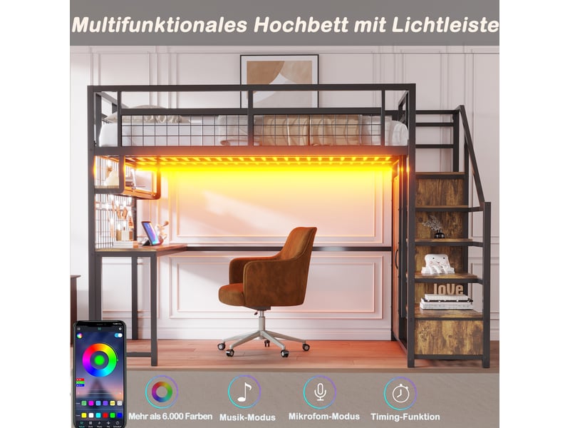 Lit adulte mezzanine 140x200 cm – noir – escalier de rangement, bureau, armoire, éclairage et prises - Conforama E