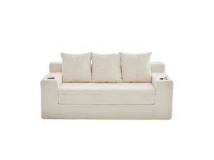 Canape droit 3 places, sans structure rigide en velours côtelé, porte-gobelets et poches, 172 × 87 × 64 cm, beige