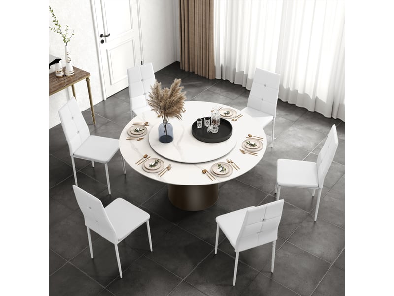  Ensemble de 6 chaises de salle à manger revêtues de cuir pu, avec dossier haut, capitonnage à boutons et pieds en acier, design moderne, blanches  - Conforama C