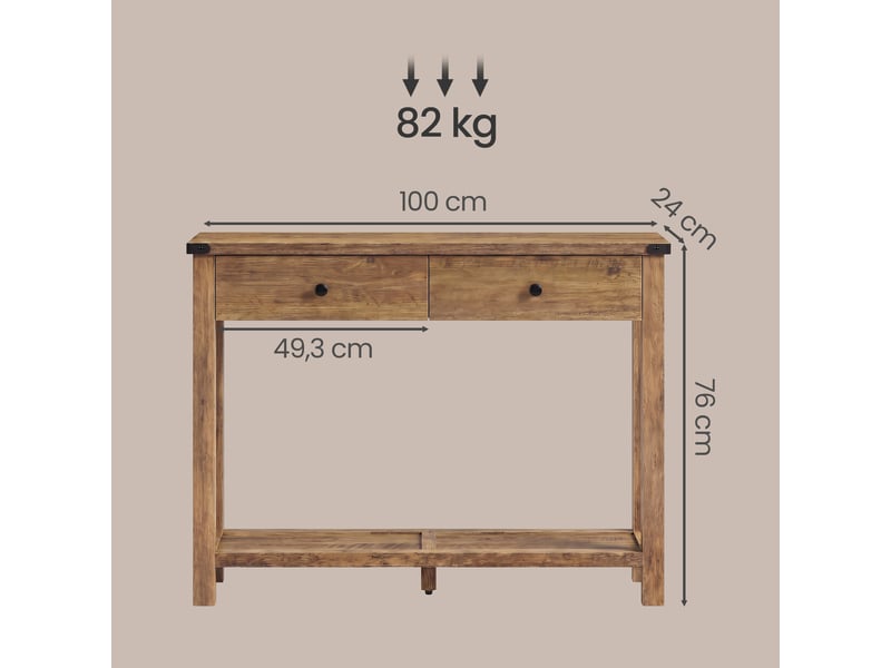  Table console, table d'entrée avec 2 tiroirs et étagère de rangement, pour entrée, salon, style campagnard, taupe  - Conforama D