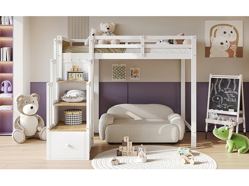 Lit superposé mi haut 90x200 cm avec bureau rangements et escalier bois blanc et naturel pin et mdf pour chambre enfant Sol Morn - Conforama E