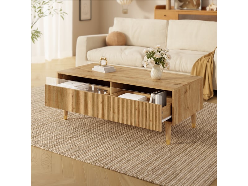  Table basse led moderne 110 x 50 x 40 cm - 2 tiroirs acrylique ondulé, pieds bois dorés, éclairage multicolore contrôlable bluetooth.  - Conforama C