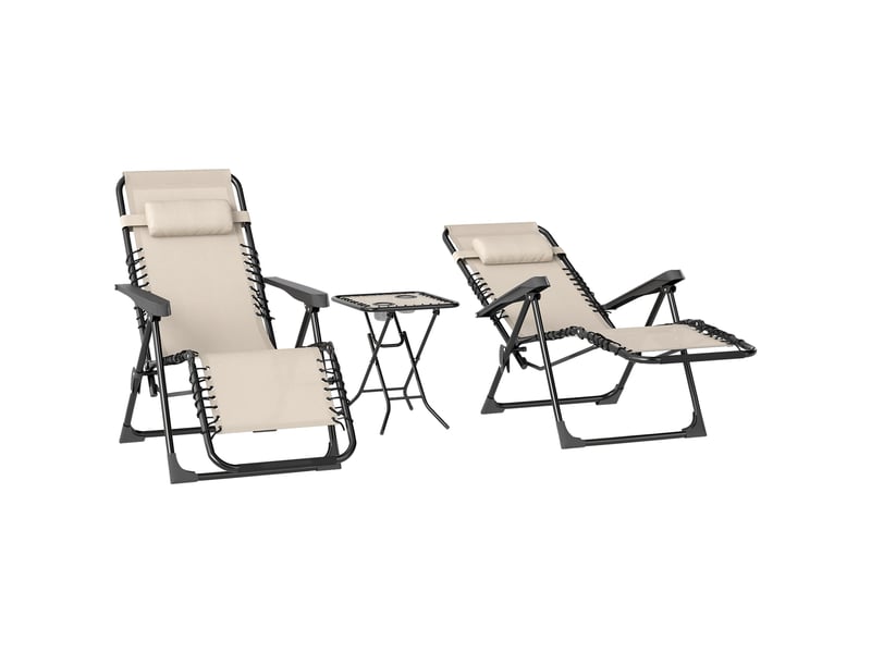  Lot de 2 transats pliables et 1 table d'appoint métal et textilène beige  - Conforama B