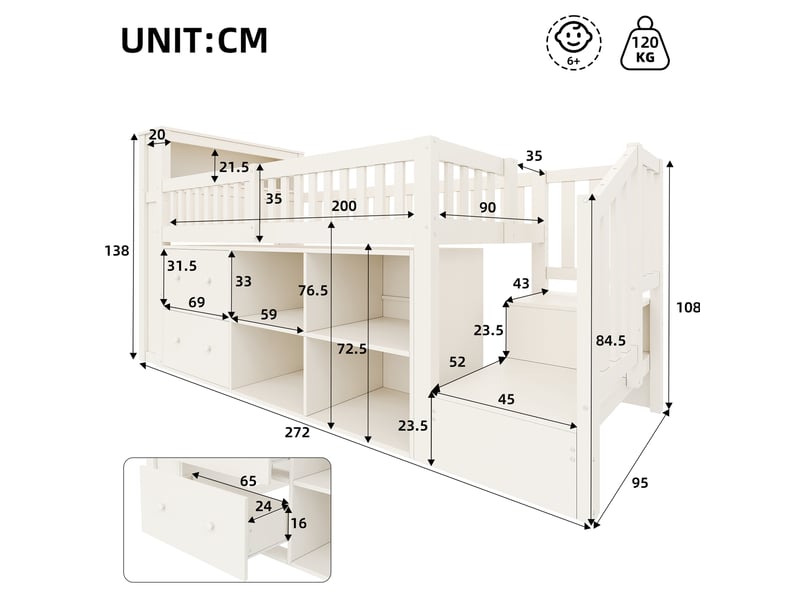  Lit mezzanine enfant 90 × 200 cm 1 place avec bureau, rangements, led réglable et ports usb, sans matelas, blanc  - Conforama D