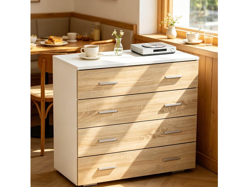  Commode 4 tiroirs 76 x 35 x 72 cm blanc et bois clair, panneau de particules avec dispositif anti-basculement  - Conforama E