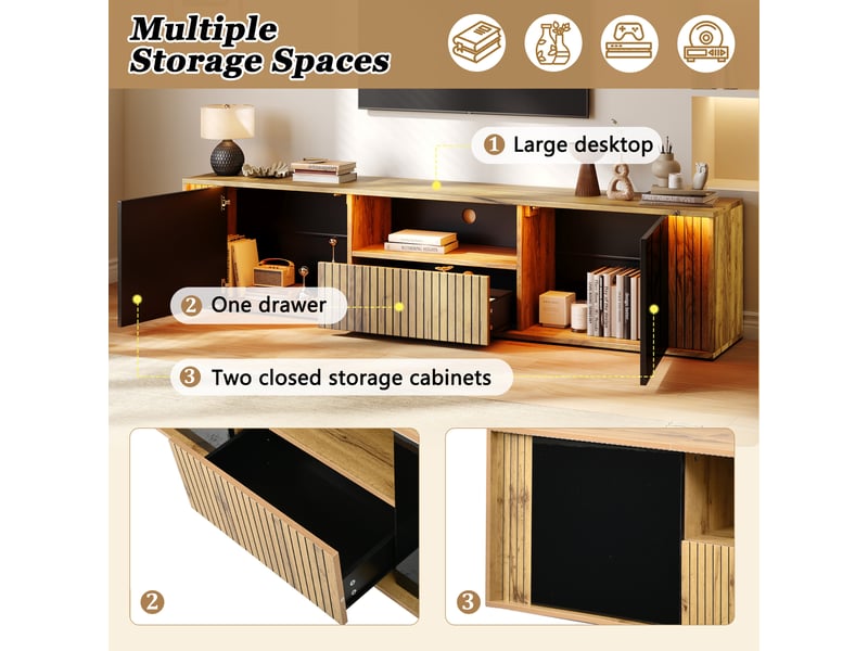  Meuble tv bas 180x40x51 cm, led bluetooth, 2 portes, 1 tiroir, mdf et panneaux de particules, noir et bois naturel  - Conforama D
