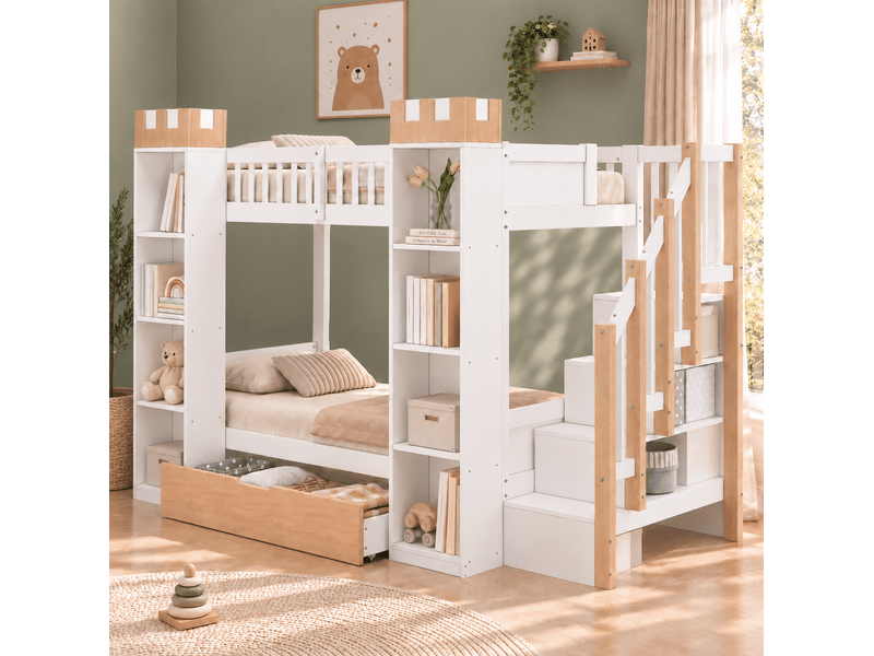 Lit superposé enfant 90x200 cm avec escalier de rangement, blanc et bois naturel  - Conforama D