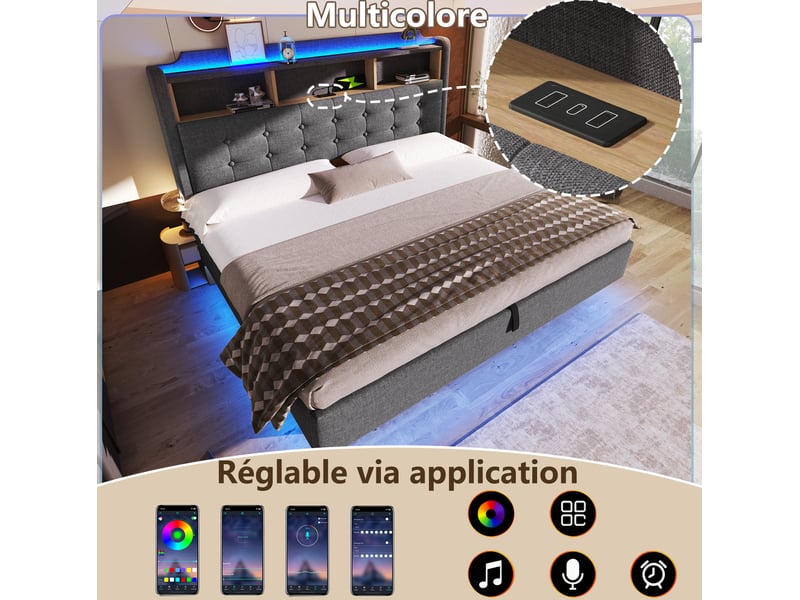 Lit coffre 180 × 200 cm 2 places avec led, usb-c, usb et rangement hydraulique, sans matelas, en lin gris - Conforama E