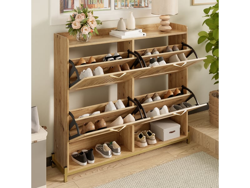  Meuble à chaussures 16 paires l108.5xp24xh100cm | 4 portes persiennes lamelles ajourées et métal | plateau rebord - naturel DreamMespace - Conforama C