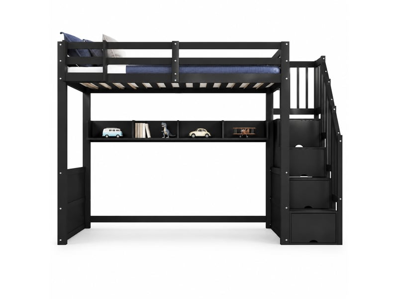  Lit mezzanine enfant simple 90×200 cm, led et rangements - okmyhome- escalier, sans matelas, bois noir  - Conforama A