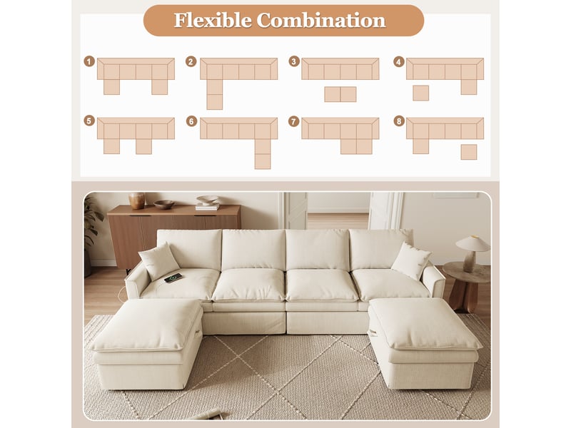 Canapé d'angle modulable en u ou l, 6 places beige en tissu coton et lin, avec 2 poufs de rangement & ports usb, pour salon - 277x135cm - Conforama E