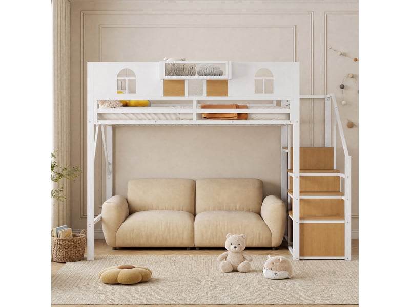  Lit mezzanine tcqpz 140 x 200 cm en métal blanc avec escalier de rangement, hublots, étagère de chevet, structure stable  - Conforama B