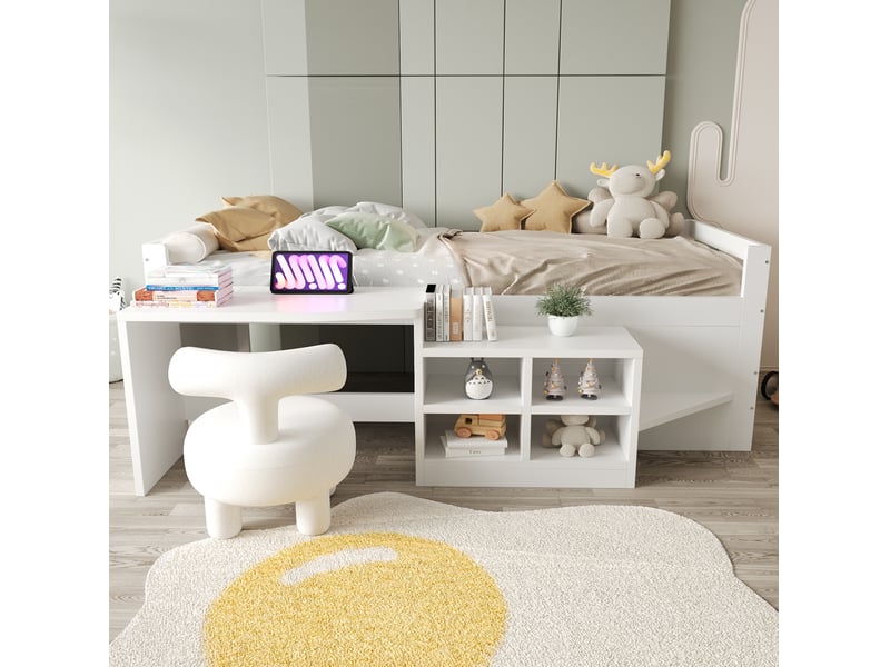 Lit enfant 90x200 cm bureau intégré rangements multiples prises 2 ports usb+secteur marche accès pin blanc sans matelas - Conforama D
