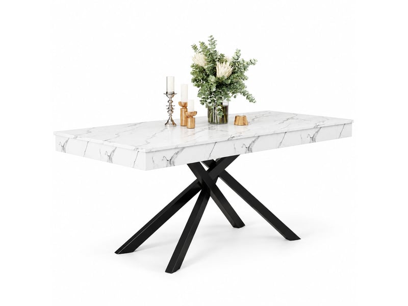  Table à manger extensible 140-180x80 cm pour 6 à 8 personnes, plateau épais, pieds croisés en métal, mdf blanc, salle à manger et cuisine  - Conforama A