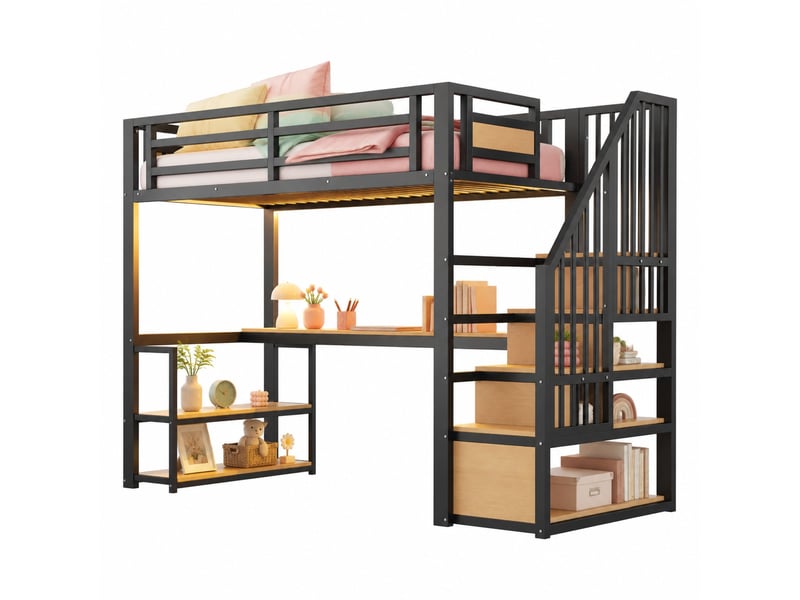  Lit mezzanine 90x200 cm noir avec bureau, étagères, escalier, led et prise  - Conforama A