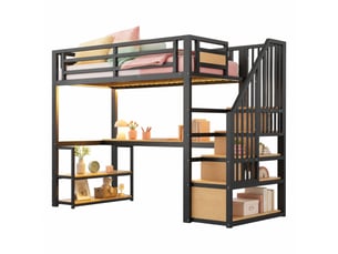 Lit mezzanine 90x200 cm noir avec bureau, étagères, escalier, led et prise
