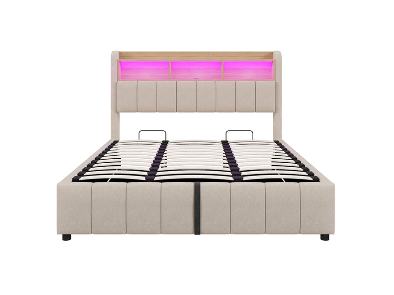  Lit rembourré 180 x 200 cm avec éclairage led et prise usb, tête de lit avec étagères et espace de rangement, mécanisme de levage hydraulique, lit double pour adultes, tissu lin beige  - Conforama E