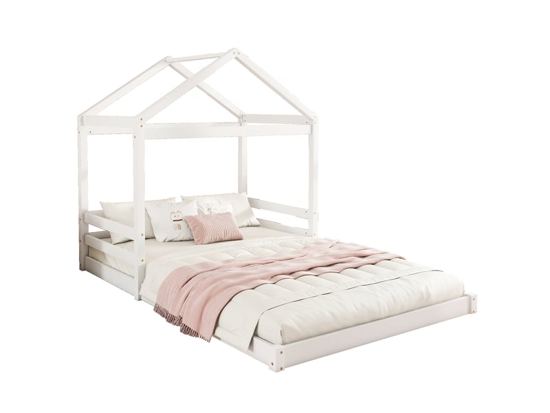  Lit cabane enfant 140 x 200 cm avec sommier à 7 lattes et barrières, pin et mdf, blanc Fay Lum - Conforama A