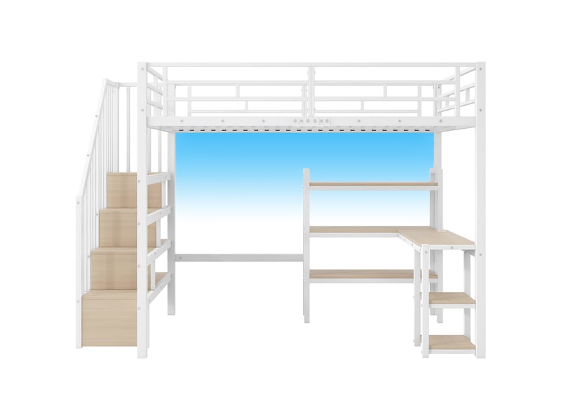 Lit mezzanine 140x200 cm, lit gain de place bureau intégré rangement led escalier, métal et mdf, blanc, sans matelas  - Conforama R