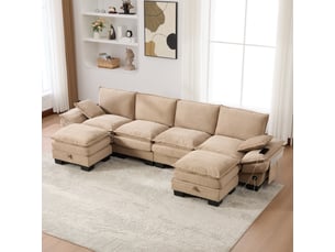 Canapé modulable 330x132x84 cm – canapé xl 4 places avec coffre sous assise pouf poches usb-c et prise – velours côtelé – taupe