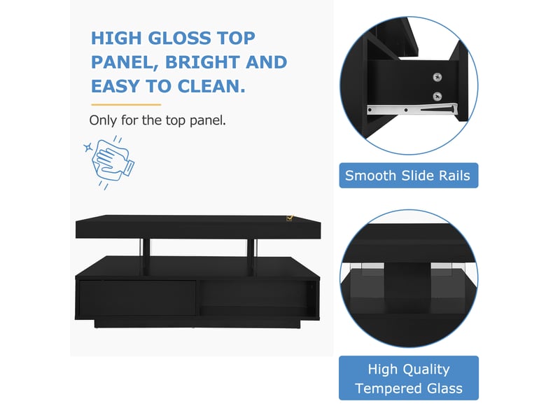  Table basse noir brillant 95×50×42,5 cm avec plateau verre, 2 tiroirs et niches – design moderne  - Conforama D