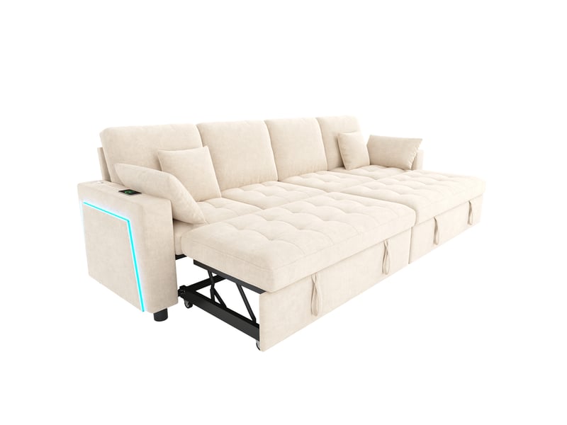  Canapé d’angle convertible 4 places en l, led, usbtype-c, dossier réglable 3 positions, chenille, beige Bliss Lite - Conforama A
