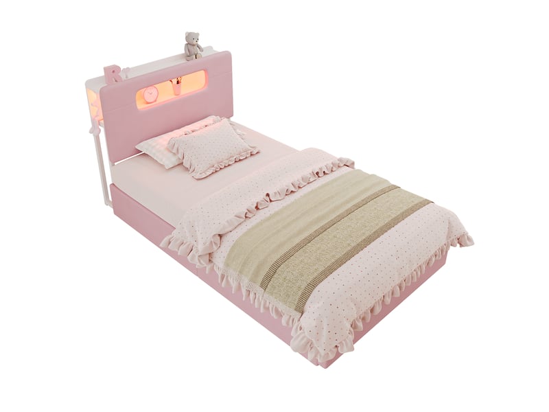 Lit enfant avec rangement et led, velours rose, 90x200 cm - Conforama A