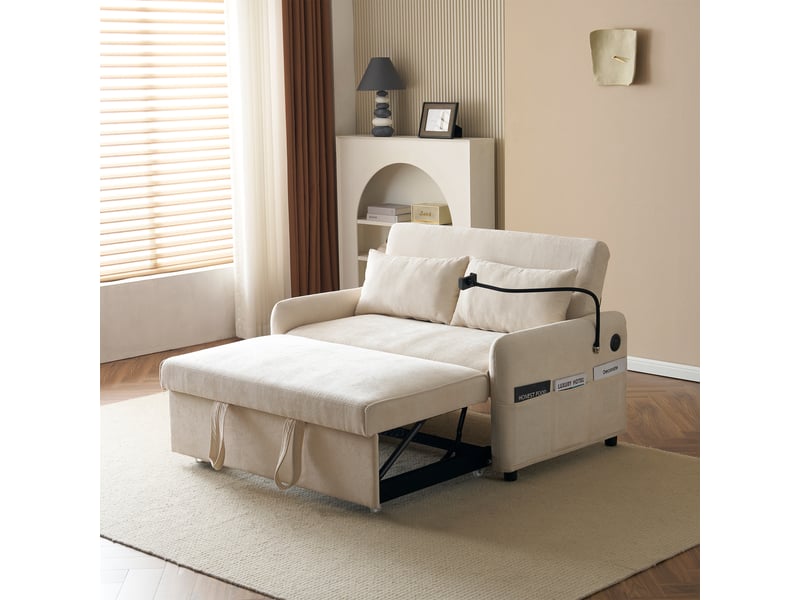  Canapé droit convertible 2 places - avec mécanisme lit et support téléphone - chenille beige  - Conforama C