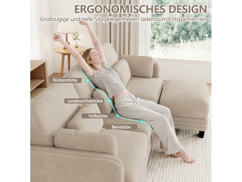  Canapé d’angle modulaire 4 places 330x143x88 cm, avec 1 pouf, coussins lombaires et accoudoir, chenille café clair  - Conforama D
