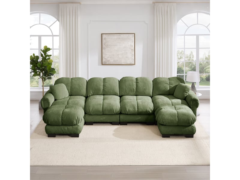  Canapé en u 4 places - 330x149x90cm - sofa cloud modulable en chenille avec 2 ottomans, coussins et assise xl - vert  - Conforama C