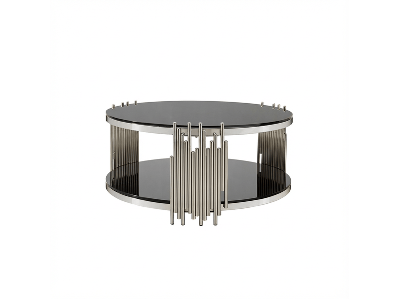  Table basse moderne verre noir 80 cm plateau double verre rond piètement acier argenté salon appoint maison bureau  - Conforama D