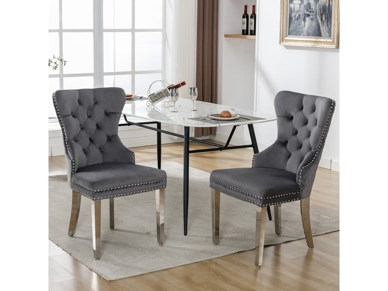  Chaise de salle à manger velours cloutée, lot de 2 - structure et pieds métal, gris  - Conforama B