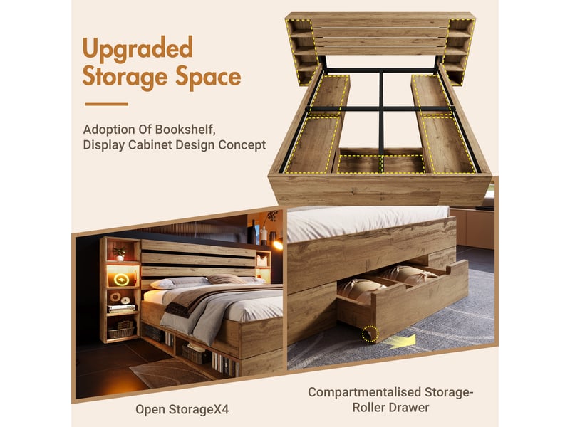 Lit double 180x200 cm en bois effet chêne avec tête de lit rangement, éclairage led, ports usb et type-c, tiroirs de rangement, sommier à lattes - chêne  - Conforama D