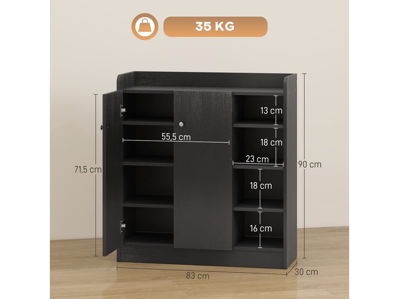  Meuble à chaussures à 2 portes, étagère étroite avec tablettes réglables pour 12 paires de chaussures, 83 x 30 x 90 cm, noir  - Conforama D