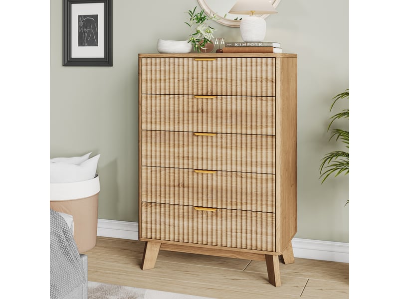  Commode 5 tiroirs –108 cm  armoire latérales - robuste et durable –  bois clair –  rangement xxl– design moderne  - Conforama E