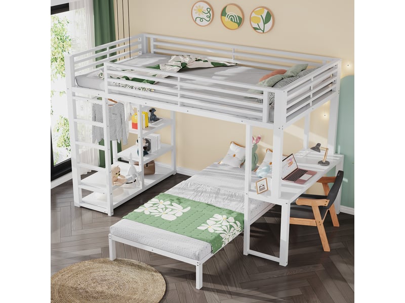 Lit mezzanine simple 90×200 cm avec bureau, étagères et rangement - okmyhome- métal mdf blanc, sans matelas - Conforama C
