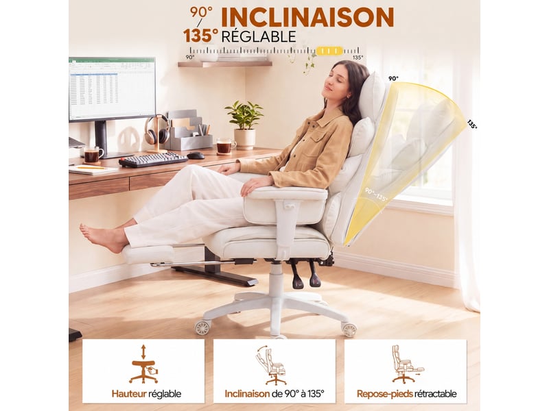Fauteuil de bureau ergonomique, dossier 90-135°, repose-pieds rétractable, accoudoirs pliables,blanc - Conforama D