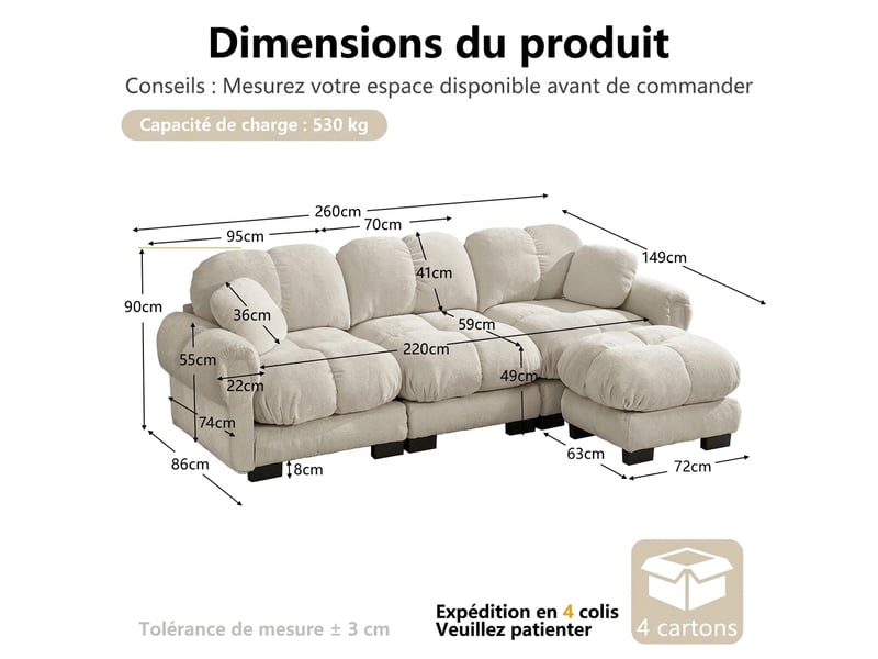 Canapé d'angle 3 places en chenille assises épaisses 260 x 149 x 90 cm avec ottomane mobile - Conforama C