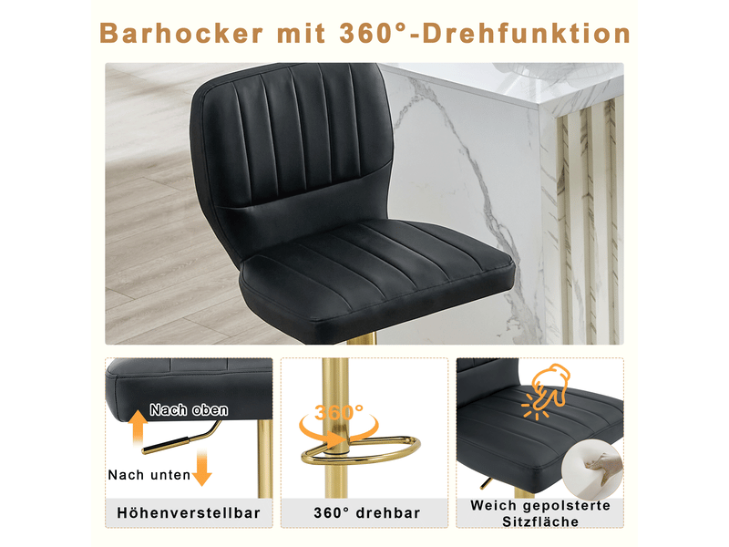  Lot de 2 tabourets de bar réglables,62-83 cm,similicuir et métal doré,noir  - Conforama E