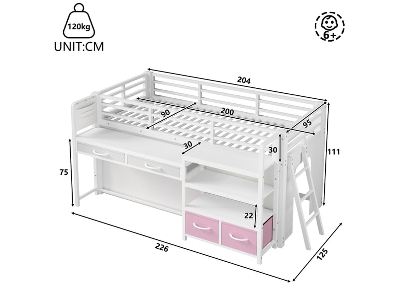  Lit mezzanine 90 × 200 cm avec bureau, étagères, tiroirs en tissu, rideau et éclairage led pour chambre d'enfant  - Conforama C