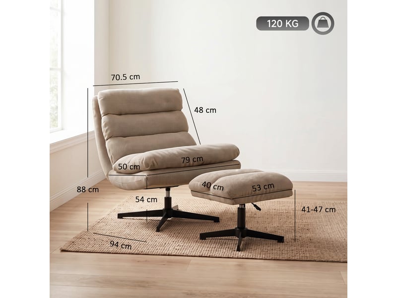 Fauteuil de salon avec repose-pied réglable, rotation 360°, fauteuil d'appoint capitonné en lin, assise large, marron - Conforama C