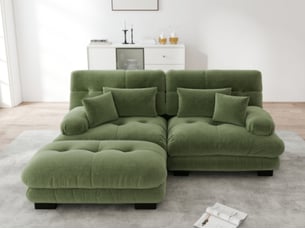 Canapé modulable d’angle en l 2 places avec pouf mobile, chenille vert, assise profonde