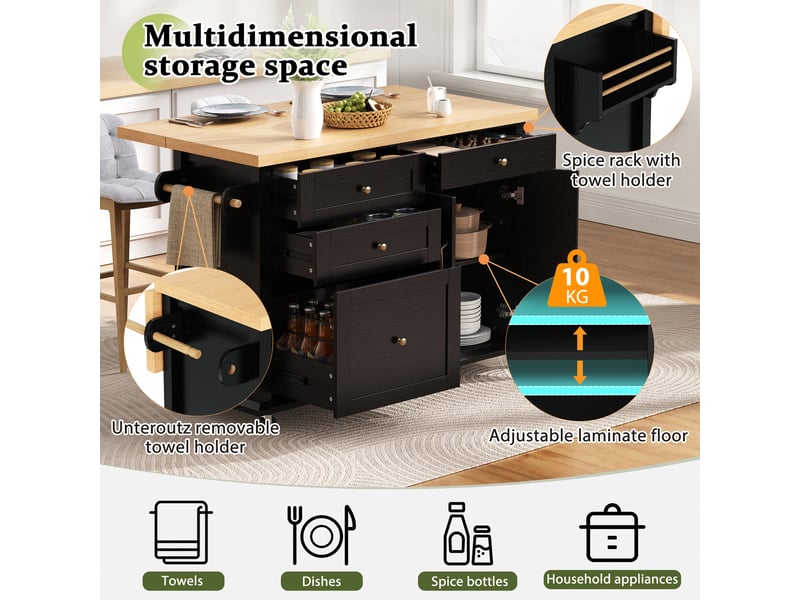  Desserte de cuisine 2 portes avec plan extensible, roues et rangement en mdf 107×45-70×90,5 cm noir naturel  - Conforama C