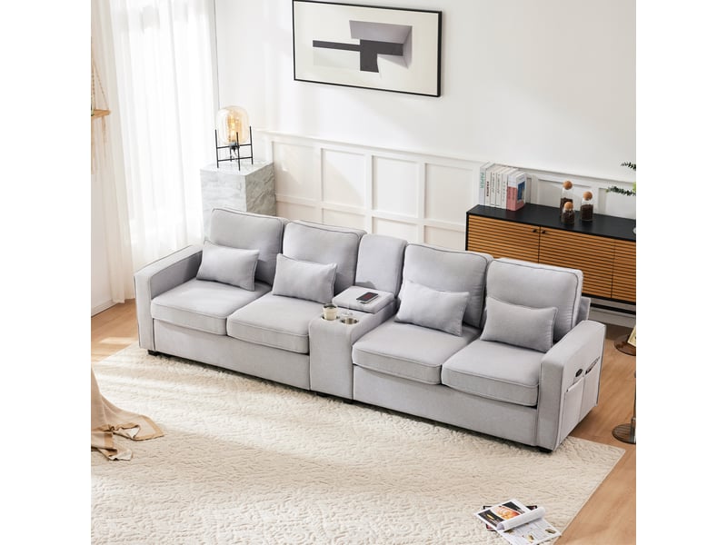  Canapé 4 places 290x83x88cm, poches de rangement, ports usb avec câbles, 2 portes-boissons et 4 coussins, lin gris  - Conforama B